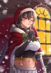 Rule 34 | 1girl, alternate costume, black gloves, black hair, bow, breasts, brick wall, cape, christmas, commentary, finger to mouth, fur-trimmed cape, fur trim, gloves, hair between eyes, hat, highres, holding, holding sack, index finger raised, kantai collection, large breasts, long hair, machi (ritovoyage), nagato (kancolle), nagato kai ni (kancolle), navel, one eye closed, outdoors, partially fingerless gloves, pleated skirt, red cape, sack, santa costume, santa hat, skirt, snowing, solo, twitter username, white skirt, window
