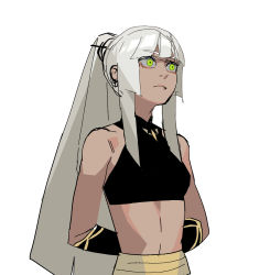 Rule 34 | 1girl, arms behind back, bare shoulders, breasts, closed mouth, dark skin, dark-skinned female, earrings, gogalking, grey hair, highres, jewelry, long hair, medium breasts, original, ponytail, shagal (gogalking), simple background, solo, upper body, very long hair, white background