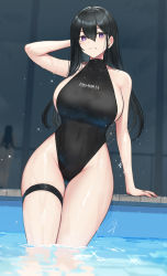 Rule 34 | 2girls, bare shoulders, black hair, black one-piece swimsuit, blurry, blurry background, blush, breasts, classy-black-haired girl (hayabusa), collarbone, covered navel, hayabusa, highleg, highleg swimsuit, highres, large breasts, long hair, looking to the side, mole, mole under eye, mole under mouth, multiple girls, night, night sky, one-piece swimsuit, original, pool, purple eyes, sideboob, sky, smile, solo focus, swimsuit, thighs, wading, water, wide hips