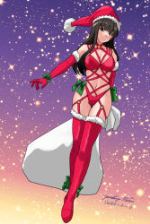 Rule 34 | 1girl, bikini, black hair, breasts, brown eyes, christmas, cleavage, closed mouth, full body, fur trim, girls und panzer, hat, large breasts, long hair, looking at viewer, matsui yasutsugu, navel, nishizumi shiho, red bikini, red thighhighs, santa costume, santa hat, signature, simple background, smile, solo, star (symbol), starry background, swimsuit, thighhighs