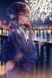 Rule 34 | 1girl, blue kimono, blush, brown hair, candy apple, city, city lights, fireworks, floral print, flower, food, hair bun, hair flower, hair ornament, hand up, holding, holding food, japanese clothes, kanzashi, kimono, long hair, long sleeves, looking at viewer, night, obi, open mouth, original, outdoors, purple eyes, railing, reflection, sakura (39ra), sash, smile, solo, standing, teeth, upper teeth only, water