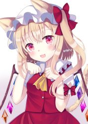 Rule 34 | 1girl, animal ear fluff, animal ears, ascot, bad id, bad pixiv id, blonde hair, blush, cat ears, cat tail, commentary request, crystal, flandre scarlet, hat, kemonomimi mode, long hair, looking at viewer, mob cap, nibosi, open mouth, paw pose, pink eyes, side ponytail, smile, solo, tail, touhou, wings, yellow ascot