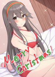Rule 34 | 1girl, akahi242, barefoot, bikini, breasts, brown eyes, cleavage, from side, grey hair, hair ornament, hairband, hairclip, haruna (kancolle), highres, kantai collection, large breasts, long hair, looking at viewer, merry christmas, red bikini, red hairband, sitting, solo, swimsuit, twitter username, wariza