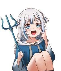 Rule 34 | 1girl, blue eyes, blue hair, blush, collarbone, gawr gura, highres, holding trident, hololive, hololive english, jan azure, knees up, long hair, looking at viewer, multicolored hair, open mouth, polearm, sharp teeth, smile, solo, streaked hair, teeth, transparent background, trident, virtual youtuber, weapon, white hair