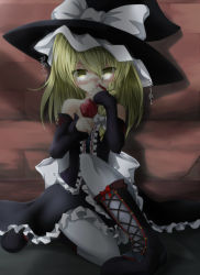 Rule 34 | 1girl, 7ban, alternate costume, bad id, bad pixiv id, bag, bare shoulders, blonde hair, blush, boots, braid, cross-laced footwear, detached sleeves, female focus, frilled shirt, frilled skirt, frills, hair ribbon, hat, hat ribbon, kirisame marisa, long hair, long sleeves, looking at viewer, ribbon, shirt, sitting, skirt, skirt set, solo, touhou, translation request, wall, witch hat, yellow eyes