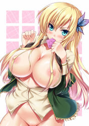 Rule 34 | 10s, 1girl, angry, blazer, blonde hair, blue eyes, blush, boku wa tomodachi ga sukunai, bottomless, breasts, breasts out, butterfly hair ornament, censored, cleavage, condom, condom in mouth, convenient censoring, groin, hair censor, hair ornament, hair over breasts, huge breasts, jacket, kashiwazaki sena, kawase seiki, long hair, looking at viewer, mouth hold, nipples, no bra, open clothes, open shirt, out-of-frame censoring, school uniform, shirt, solo, sweat