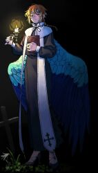 Rule 34 | 1girl, bird girl, bird wings, black background, black dress, black nails, blue hair, blue wings, book, braid, candle, candlestand, closed mouth, dark, dress, fang, fang out, feathered wings, fingernails, freckles, full body, hands up, high heels, highres, holding, holding book, holding candle, jewelry, long fingernails, long hair, long sleeves, looking at viewer, mole, mole under mouth, multicolored hair, nun, orange eyes, orange hair, original, puffy long sleeves, puffy sleeves, ring, rramarukun, simple background, single braid, solo, standing, stole, streaked hair, wings