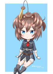 Rule 34 | 1girl, animal, animal on head, animal request, ascot, bird, bird on head, bird request, black socks, blue background, blue eyes, border, brown hair, chibi, commentary request, flower, gloves, kantai collection, kneehighs, long hair, looking at viewer, masara (chuujou), messy hair, military, military uniform, on head, one-hour drawing challenge, pleated skirt, red ascot, red flower, red rose, rose, sheffield (kancolle), sitting, skirt, socks, solo, two-tone background, uniform, white border, white gloves, white skirt