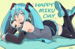 Rule 34 | 1girl, absurdres, aqua eyes, aqua hair, bad id, bad pixiv id, boots, detached sleeves, english text, full body, hair between eyes, hatsune miku, headset, highres, huge filesize, looking at viewer, munificent, necktie, open mouth, pleated skirt, skirt, smile, solo, thigh boots, thighhighs, twintails, vocaloid