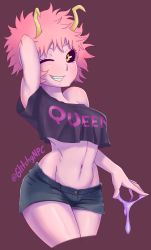 Rule 34 | 10s, 1girl, absurdres, arm up, ashido mina, black sclera, boku no hero academia, breasts, colored sclera, colored skin, denim, denim shorts, glitchynpc, grin, highres, horns, looking at viewer, medium breasts, messy hair, midriff, navel, one eye closed, pink hair, pink skin, purple background, short hair, short shorts, shorts, simple background, smile, solo, standing, strapless, thighs, tube top, yellow eyes