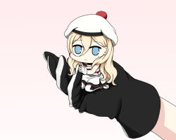 Rule 34 | 1girl, beret, blonde hair, blue eyes, blush, chibi, chibi inset, commentary request, dress, gloves, hair between eyes, hat, kantai collection, long hair, looking at viewer, mini person, minigirl, mole, mole under eye, mole under mouth, multicolored clothes, multicolored gloves, multicolored scarf, pom pom (clothes), richelieu (kancolle), scarf, simple background, strapless, strapless dress, two-tone gloves, two-tone legwear, yakuto007