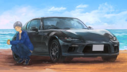 Rule 34 | 1boy, blue jacket, denim, eunos roadster, grey eyes, grey hair, highres, jacket, jeans, looking to the side, mazda mx-5, mazda mx-5 nd, momo hiki, ocean, original, pants, personification, shoes, sneakers, squatting, vehicle focus, vehicle request