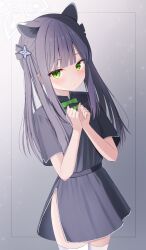 Rule 34 | 1girl, animal ears, belt, black hair, blue archive, blush, cowboy shot, dress, green eyes, hair ribbon, halo, highres, iris37337, light frown, long hair, looking at viewer, own hands together, ribbon, short dress, short sleeves, shun (blue archive), shun (small) (blue archive), side slit, solo, thighhighs, tiger ears, tiger girl, twintails