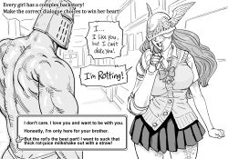 Rule 34 | 1boy, 1girl, absurdres, alternate universe, bb (baalbuddy), blush, bow, bowtie, breasts, cardigan, choice, commentary, confession, covered eyes, dialogue box, elden ring, english commentary, english text, helmet, highres, large breasts, long hair, malenia blade of miquella, mechanical arms, monochrome, muscular, muscular male, prosthesis, prosthetic arm, scar, scar on arm, scar on leg, scar on neck, short sleeves, single mechanical arm, skirt, summer uniform, tarnished (elden ring), winged helmet