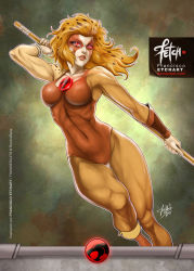 Rule 34 | 1girl, 2015, arm guards, breasts, cheetara, dated, deviantart username, fighting stance, franciscoetchart, insignia, large breasts, leotard, lips, long hair, muscular, muscular female, realistic, signature, solo, spanish text, staff, thundercats, toned, watermark