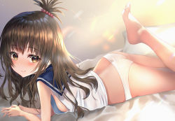 Rule 34 | 1girl, bad id, bad pixiv id, bare shoulders, blue sailor collar, breasts, brown eyes, brown hair, closed mouth, commentary request, feet, hair between eyes, hair bobbles, hair ornament, highres, long hair, looking at viewer, lying, no pants, on stomach, panties, sailor collar, school uniform, shirt, sideboob, sleeveless, sleeveless shirt, small breasts, smile, soles, solo, the pose, to love-ru, to love-ru darkness, topknot, underwear, white panties, white shirt, yk (pixiv43531291), yuuki mikan
