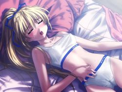 Rule 34 | 00s, 1girl, bed, blonde hair, blush, bra, breasts, cameltoe, closed eyes, covered erect nipples, dutch angle, from above, fujimiya nozomi, game cg, hair ribbon, lingerie, long hair, lying, on back, open mouth, panties, pillow, ponytail, ribbon, sleeping, small breasts, solo, sports bra, sweat, underwear, underwear only, white bra, white panties, wind a breath of heart, yuuki tatsuya