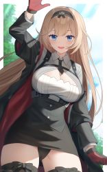 Rule 34 | 1girl, absurdres, arm up, black cape, black necktie, black panties, black skirt, black thighhighs, blonde hair, blue eyes, border, breasts, cameltoe, cape, cleavage cutout, clothing cutout, cloud, commentary, day, english commentary, girls&#039; frontline, gloves, hairband, highres, large breasts, long hair, long sleeves, necktie, open mouth, outdoors, panties, red gloves, rynzfrancis, shirt, skirt, sky, smile, solo, stg-940 (girls&#039; frontline), teeth, thighhighs, tree, twitter username, underwear, upper teeth only, white shirt, zettai ryouiki