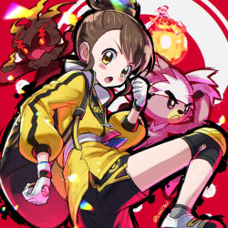 Rule 34 | 1girl, :o, alternate hairstyle, backpack, bag, black shorts, blush stickers, brown hair, cinderace, clenched hand, commentary request, creatures (company), fighting stance, fire, game freak, gen 7 pokemon, gen 8 pokemon, gigantamax, gigantamax cinderace, gloria (pokemon), gloves, hair bun, holding, holding poke ball, jacket, kingin, knee pads, kubfu, legendary pokemon, long sleeves, marshadow, marshadow (zenith), master dojo uniform, mythical pokemon, nintendo, open mouth, poke ball, poke ball (basic), pokemon, pokemon (creature), pokemon swsh, puffy long sleeves, puffy sleeves, serious, shoes, shorts, single hair bun, sneakers, sportswear, twitter username, white gloves, yellow eyes, yellow jacket