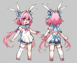 Rule 34 | 1boy, astolfo (fate), bow, commentary request, eyes visible through hair, fang, fate/apocrypha, fate (series), full body, grey background, hair between eyes, hair bow, haoro, highres, male focus, multiple views, open mouth, pink hair, purple eyes, shorts, simple background, skin fang, sleeveless, standing, thighhighs, tongue