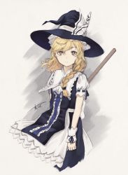 Rule 34 | 1girl, adapted costume, arms at sides, bad id, bad pixiv id, black dress, black hat, blonde hair, blue ribbon, braid, broom, closed mouth, cowboy shot, dress, expressionless, frilled shirt collar, frills, from side, gradient background, grey background, hair between eyes, hair ornament request, hat, hat ribbon, highres, holding, holding broom, kirisame marisa, long hair, looking at viewer, neck ribbon, puffy short sleeves, puffy sleeves, ribbon, ribbon-trimmed sleeves, ribbon trim, shirt, short sleeves, signature, single braid, sleeveless, sleeveless dress, solo, suguni, touhou, two-tone background, white background, white ribbon, white shirt, wind, witch hat, wrist cuffs, yellow eyes, yellow pupils