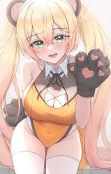 Rule 34 | 1girl, absurdres, alternate costume, alternate hairstyle, animal ears, bear ears, bear paws, blonde hair, blush, breasts, cleavage cutout, clothing cutout, commentary request, gradient hair, green eyes, hair between eyes, highres, hololive, large breasts, leotard, long hair, mofu07519, momosuzu nene, multicolored hair, solo, thighhighs, twintails, virtual youtuber