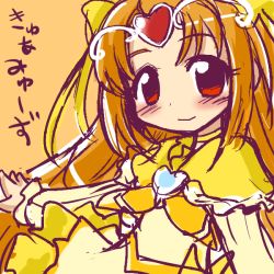 Rule 34 | 10s, 1girl, blush, bow, cure muse, cure muse (yellow), ikkyuu, long hair, magical girl, orange background, orange hair, precure, red eyes, shirabe ako, sketch, solo, suite precure, yellow bow