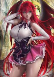 Rule 34 | 1girl, ahoge, breasts, demon wings, detached sleeves, donyta, female focus, hand on own hip, high school dxd, large breasts, long hair, looking at viewer, parted lips, pleated skirt, red hair, rias gremory, school uniform, skirt, smile, solo, standing, uniform, very long hair, wings