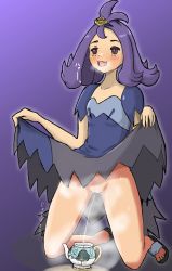 Rule 34 | 1girl, :3, acerola (pokemon), black footwear, blush, breasts, breath, clothes lift, collarbone, creatures (company), dress, dress lift, game freak, hair ornament, highres, kneeling, lifted by self, long hair, nintendo, no panties, open mouth, peeing, pokemon, pokemon sm, puddle, purple background, purple dress, purple eyes, purple hair, pussy, saga (pixiv 73421984), sandals, short sleeves, small breasts, smile, solo, steam, teapot, uncensored