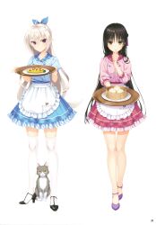 2girls absurdres ahoge akizuki_kanna apron baozi between_legs black_footwear black_hair blue_bow blue_shirt blue_skirt bow cafe_stella_to_shinigami_no_chou cat cat_between_legs closed_mouth clothes_writing crossed_bangs earrings english_text eyes_visible_through_hair finger_to_mouth food frilled_apron frilled_skirt frills full_body grey_cat hair_between_eyes hair_bow hair_ribbon hand_up hands_up heart high_heels highres holding holding_tray index_finger_raised jewelry kobuichi light_blush light_brown_hair long_hair long_sleeves looking_at_viewer mikado_(cafe_stella) mole mole_under_eye multiple_girls muririn official_alternate_costume official_alternate_hairstyle official_art omelet omurice parted_lips pink_shirt plaid_clothes plaid_collar puffy_long_sleeves puffy_short_sleeves puffy_sleeves purple_eyes purple_footwear purple_ribbon red_skirt ribbon scan shiki_natsume shirt short_sleeves shushing simple_background skirt slit_pupils smile standing straight_hair striped_clothes striped_shirt stud_earrings tachi-e thighhighs tray tsurime vertical-striped_clothes vertical-striped_shirt very_long_hair waist_apron waitress white_apron white_background white_thighhighs yellow_eyes zettai_ryouiki