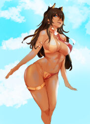 Rule 34 | 1girl, absurdres, animal ears, arm strap, arms at sides, bikini, black hair, blonde hair, blue eyes, blue sky, breasts, cloud, dark-skinned female, dark skin, day, dehya (genshin impact), earrings, feet out of frame, female focus, from below, from side, genshin impact, highres, jewelry, large breasts, legs together, long hair, looking afar, looking to the side, multicolored hair, open mouth, red bikini, sky, solo, standing, swimsuit, teeth, thigh strap, tnt (pixiv8487740), two-tone bikini, two-tone hair, yellow bikini