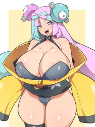Rule 34 | 1girl, alternate breast size, blue hair, breasts, cleavage, creatures (company), curvy, dd (giogio99), game freak, highres, huge breasts, iono (pokemon), multicolored hair, nintendo, pokemon, pokemon sv, purple hair, sharp teeth, smile, solo, teeth, thick thighs, thighs