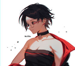 Rule 34 | 1girl, absurdres, black collar, black eyes, black hair, blurry, boruto: two blue vortex, breasts, chinese commentary, cleavage, collar, collarbone, commentary request, earrings, glasses, highres, jacket, jacket on shoulders, jewelry, medium breasts, naruto (series), niku (ni23ku), profile, short hair, solo, strapless, tube top, twitter username, uchiha sarada