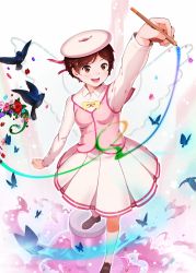 Rule 34 | 1girl, bad id, bad pixiv id, bird, bow, bowtie, brown hair, bug, butterfly, foreshortening, hat, highres, insect, original, red eyes, socks, solo, standing, weyowang, white socks, yellow bow, yellow bowtie