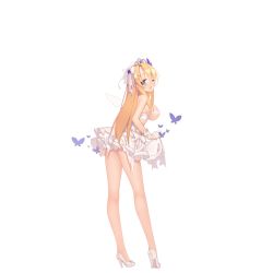 Rule 34 | 1girl, :o, alternate costume, blonde hair, blue eyes, blush, breasts, bug, butterfly, clothes lift, dress, dress lift, fake wings, frilled dress, frills, full body, gloves, high heels, insect, jewelry, large breasts, long hair, necklace, official art, saratoga (warship girls r), short dress, solo, strapless, strapless dress, suisai., tiara, torn clothes, torn dress, torn gloves, transparent background, underboob, warship girls r, white dress, white gloves, wince, wings