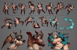 Rule 34 | 1girl, ass, breasts, darkest dungeon, dragon girl, dragon tail, dragon wings, full body, grey hair, highres, horns, kicking, large breasts, monster girl, multiple views, navel, original, pointy ears, punching, resolution mismatch, sarrow (stmaster), scales, source larger, stmast, tail, wings