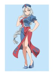Rule 34 | 1girl, blue background, blue footwear, blue headwear, blue shirt, blue skirt, braid, braided ponytail, breasts, closed mouth, commentary, constellation print, contrapposto, full body, grey eyes, grey hair, gyouza (mhea5724), hand on own hip, high heels, highres, long hair, looking to the side, medium breasts, parted bangs, red shirt, red skirt, shirt, short sleeves, simple background, skirt, smile, solo, standing, touhou, trigram, two-tone shirt, yagokoro eirin