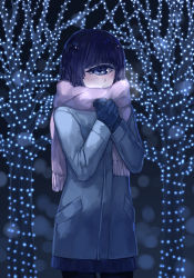 Rule 34 | 1girl, bare tree, black gloves, black hair, blue eyes, blunt bangs, blush, coat, commentary, cowboy shot, cyclops, gloves, highres, looking at viewer, manako, monster girl, monster musume no iru nichijou, one-eyed, own hands together, scarf, skirt, solo, tree, winter clothes, zakirsiz