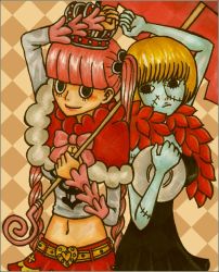 Rule 34 | 2girls, back-to-back, belt, black dress, blonde hair, bow, cape, capelet, crown, dress, feather boa, heart, long sleeves, midriff, multiple girls, nanako (skr7k), one piece, perona, pink hair, plate, red cape, red skirt, short hair, skirt, stitches, thriller bark, twintails, umbrella, victoria cindry, zombie