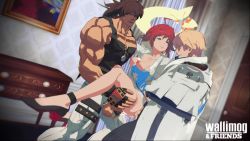 Rule 34 | 1girl, 2boys, 3d, amateurthrowaway, anal, animated, audible speech, blonde hair, bounsweetva, breasts, breasts out, broken halo, brown hair, clothed sex, cum, double penetration, grabbing, grabbing another&#039;s breast, green eyes, guilty gear, guilty gear strive, halo, imjustthatkinky, indoors, interior, jack-o&#039; valentine, ky kiske, multicolored hair, multiple boys, nipples, penis, pumping, red hair, sol badguy, sound, uncensored, vaginal, video, wallimog, white hair