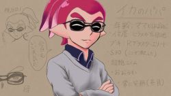 Rule 34 | 1boy, aged up, bad id, bad miiverse id, close-up, closed eyes, commentary request, crossed arms, inkling, inkling boy, inkling player character, male focus, monster boy, nintendo, pink hair, pointy ears, smile, solo, splatoon (series), splatoon 1, sweat, sweatdrop, sweater, takobe, tentacle hair, translation request
