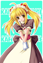 Rule 34 | 1girl, ahoge, apron, blonde hair, blue background, blush, brown dress, commentary request, copyright name, cowboy shot, curly sue, dress, flat chest, gloves, hair bobbles, hair ornament, kafra uniform, kazuma muramasa, long hair, looking at viewer, maid, maid headdress, own hands together, puffy short sleeves, puffy sleeves, ragnarok online, short sleeves, sidelocks, smile, solo, tongue, tongue out, twintails, white apron, white gloves, yellow eyes