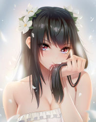 Rule 34 | 1girl, bare arms, bare shoulders, black hair, blue eyes, blurry, blush, breasts, cleavage, closed mouth, depth of field, dress, eyes visible through hair, female focus, flower, hair between eyes, hair flower, hair ornament, hand up, highres, holding, holding own hair, large breasts, light particles, lips, long hair, looking at viewer, multicolored eyes, obaoba (monkeyix), original, petals, pink lips, red eyes, sidelocks, smelling, smile, solo, strapless, strapless dress, upper body, white dress, white flower