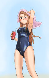 Rule 34 | 1girl, armpits, bad id, bad pixiv id, blush, brown hair, coca-cola, competition school swimsuit, covered navel, from below, idolmaster, idolmaster (classic), kurokuro222, long hair, looking at viewer, minase iori, one-piece swimsuit, red eyes, school swimsuit, solo, swimsuit, towel, wet