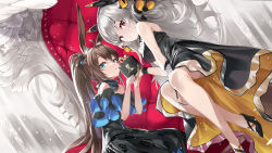 Rule 34 | 2girls, absurdres, ahoge, amiya (arknights), animal ear fluff, animal ears, arknights, black bow, black dress, black footwear, black wristband, blue eyes, bow, breasts, brown hair, chinese commentary, copyright name, dress, dutch angle, floral print, frilled dress, frills, hair bow, headgear, high heels, highres, holding, long hair, looking at viewer, medium breasts, multiple girls, off-shoulder dress, off shoulder, official art, ohland, open mouth, ponytail, rabbit ears, red eyes, rhodes island logo (arknights), silver hair, sitting, smile, watermark, weedy (arknights), wristband