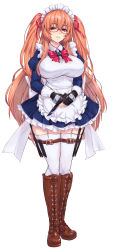 Rule 34 | 1girl, apron, boots, bow, breasts, brown eyes, combat knife, cross-laced footwear, dress, fingerless gloves, frills, garter straps, gloves, hair ornament, highres, holding, holding weapon, holster, knee boots, knife, knife belt, lace-up boots, large breasts, long hair, long sleeves, looking at viewer, maid, maid headdress, orange hair, original, parted lips, puffy sleeves, reverse grip, shiny clothes, shiny skin, short dress, simple background, smile, standing, thigh holster, thighhighs, toriatto gununu, weapon, white background, white thighhighs, zettai ryouiki