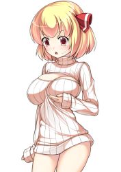 1girl alternate_breast_size alternate_costume blonde_hair blush bottomless breast_lift breasts cleavage cleavage_cutout clothing_cutout female_focus hair_ribbon highres large_breasts meme_attire nakamura_kusata no_pants open-chest_sweater open_mouth red_eyes ribbed_sweater ribbon rumia short_hair simple_background solo sweater touhou turtleneck white_background