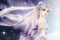 Rule 34 | 1girl, 2014, bare shoulders, bishoujo senshi sailor moon, blue eyes, crescent, crescent facial mark, dated, detached sleeves, double bun, dress, earrings, facial mark, floating hair, forehead mark, from side, gem, hair bun, hair ornament, hairclip, jewelry, lavender, long hair, looking back, nancy teeple, parted bangs, parted lips, pearl (gemstone), princess serenity, ribbon, see-through, short sleeves, signature, silver hair, solo, sparkle, tsukino usagi, twintails, white dress
