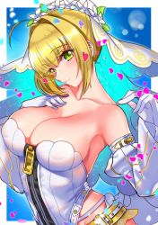 Rule 34 | 10s, 1girl, ahoge, bare shoulders, belt, blonde hair, blue background, breasts, bridal veil, cleavage, closed mouth, collarbone, commentary request, covered erect nipples, detached sleeves, fate/extra, fate/extra ccc, fate (series), gloves, green eyes, hair intakes, heart, highres, large breasts, looking at viewer, nero claudius (bride) (fate), nero claudius (bride) (second ascension) (fate), nero claudius (fate), nero claudius (fate) (all), petals, rumo, short hair, smile, solo, upper body, veil, white gloves, zipper