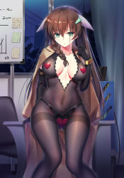 Rule 34 | 1girl, black bodysuit, black gloves, bodysuit, braid, breasts, brown hair, chair, closed mouth, coat, commentary request, covered navel, curtains, elbow gloves, gloves, green eyes, hair between eyes, hair ornament, hairclip, heart pasties, highres, indoors, iro ame (amewaagada), jacket, jacket on shoulders, long hair, looking at viewer, medium breasts, night, note, on table, original, pasties, see-through, shiny skin, sitting, solo, table, trench coat, whiteboard, window